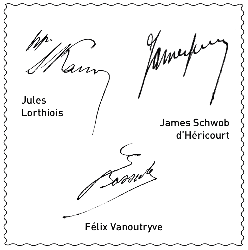 Signatures de Jules Lorthiois, de James Schwob d'Héricourt et de Félix Vanoutryve